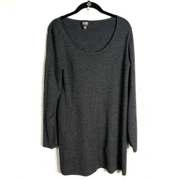 Eileen Fisher Sweater Womens Medium Charcoal Merino Wool Tunic Academia Luxury - Picture 1 of 16